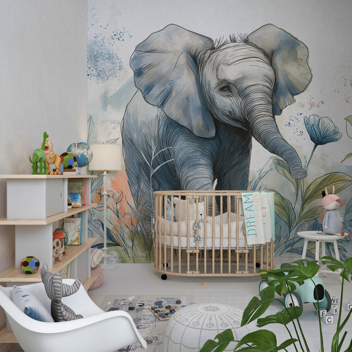 Kinderzimmer Tapete | Elefant im blumigen Dschungel