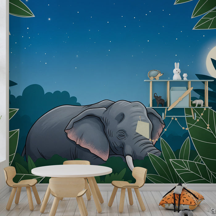 Kids room wallpaper | Elephant in the nocturnal jungle