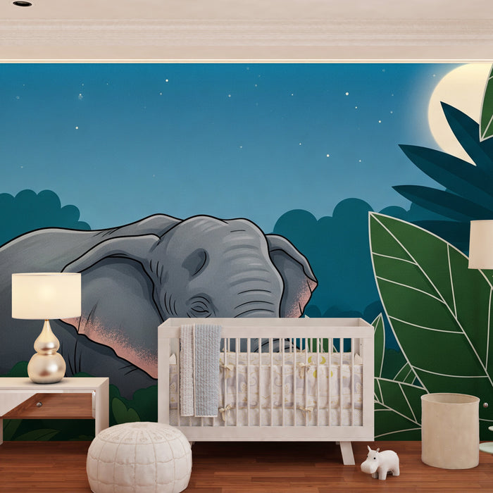 Kids room wallpaper | Elephant in the nocturnal jungle