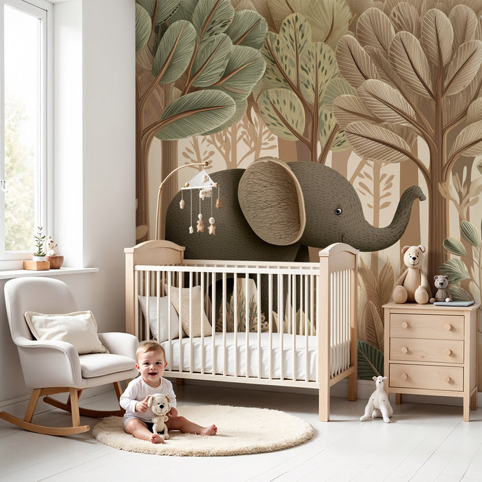 Kinderkamer behang | Olifant in een gestileerd bos in natuurlijke tinten