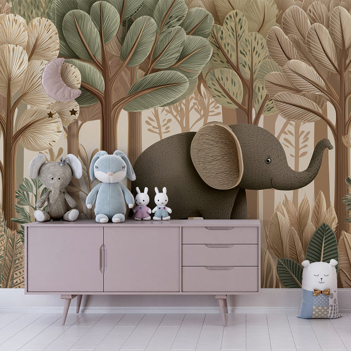Kinderkamer behang | Olifant in een gestileerd bos in natuurlijke tinten
