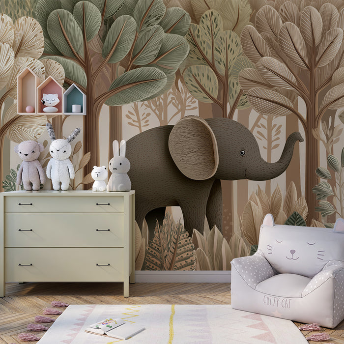 Kinderkamer behang | Olifant in een gestileerd bos in natuurlijke tinten