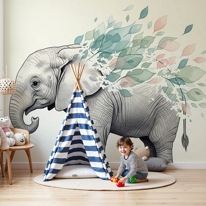 Barnrumspapper | Fin elefant med färgglatt lövverk