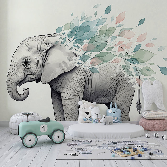 Barnrumspapper | Fin elefant med färgglatt lövverk