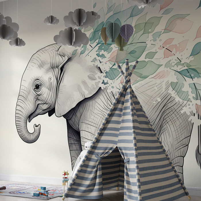 Barnrumspapper | Fin elefant med färgglatt lövverk
