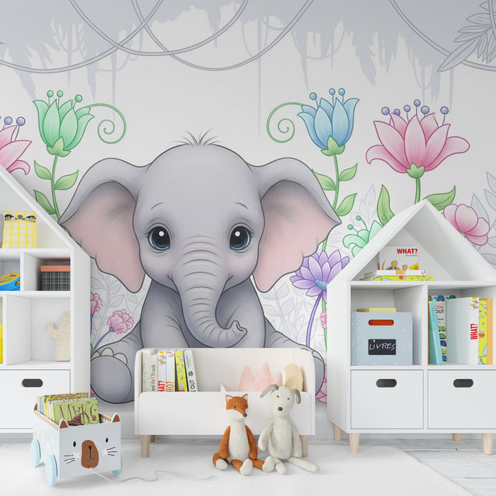 Kids room wallpaper | Soft elephant in the middle of flowers