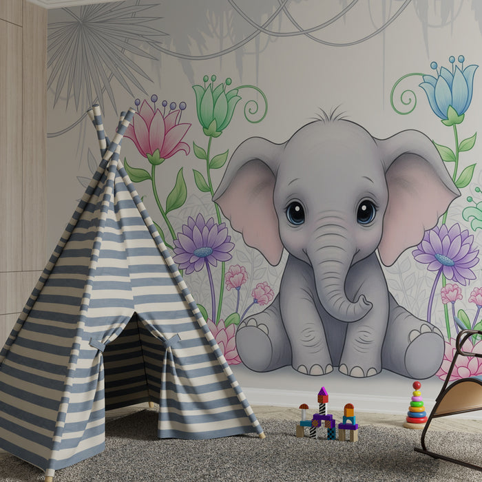 Kids room wallpaper | Soft elephant in the middle of flowers