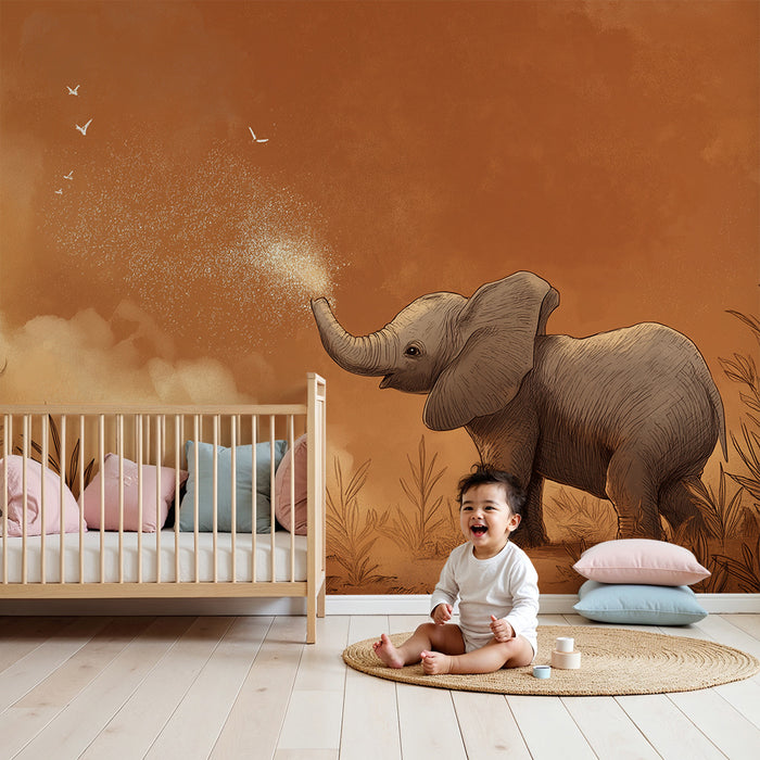 Papier peint chambre enfant | Éléphant espiègle dans un paysage doré