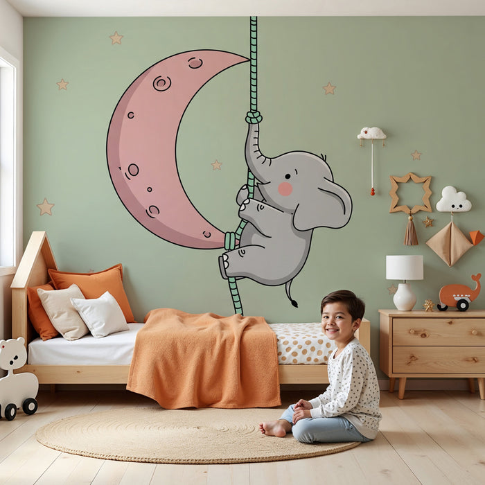Kinderzimmer Tapete | Verspielter Elefant auf dem Mond