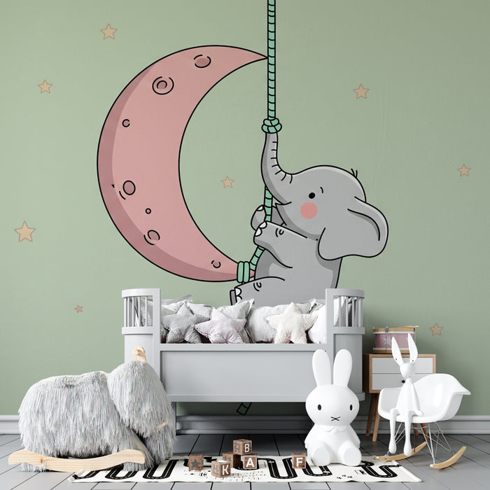 Kinderzimmer Tapete | Verspielter Elefant auf dem Mond