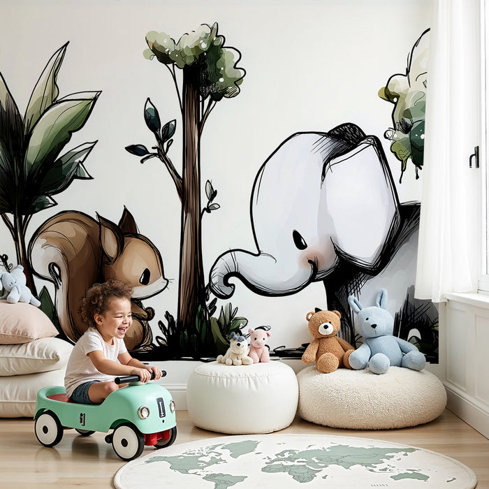 Papel pintado infantil | Elefante y ardilla en un bosque encantado