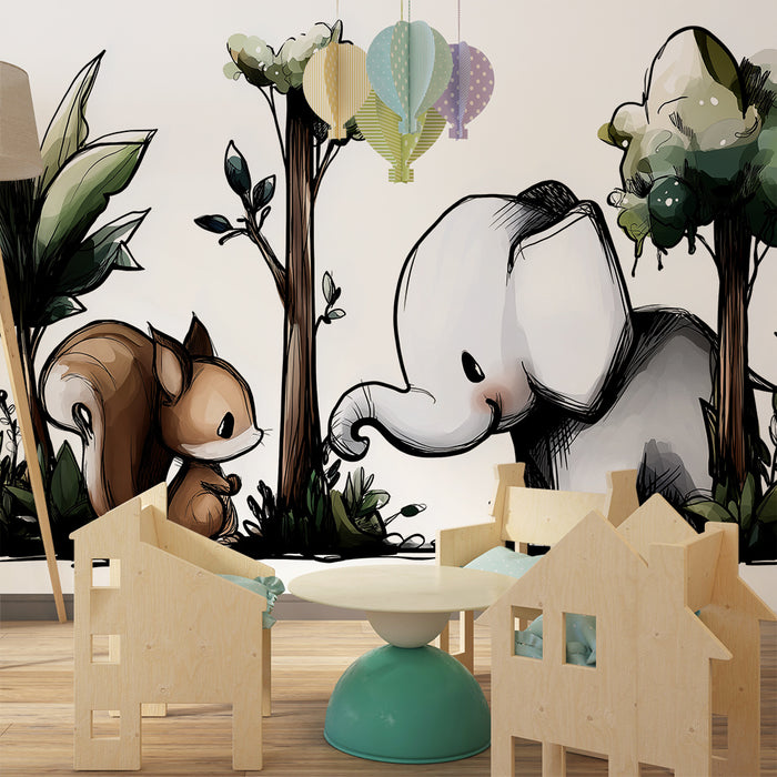 Papel pintado infantil | Elefante y ardilla en un bosque encantado