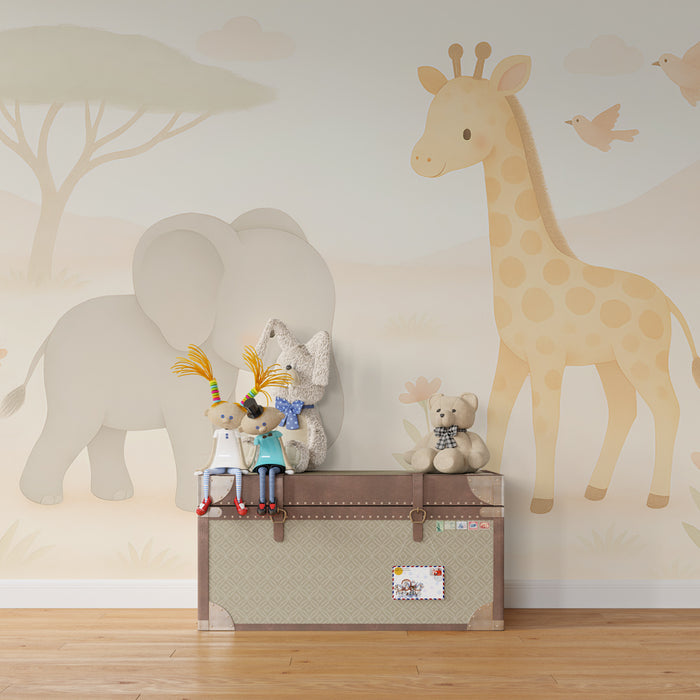 Papel de parede criança | Elefante e girafa no jardim