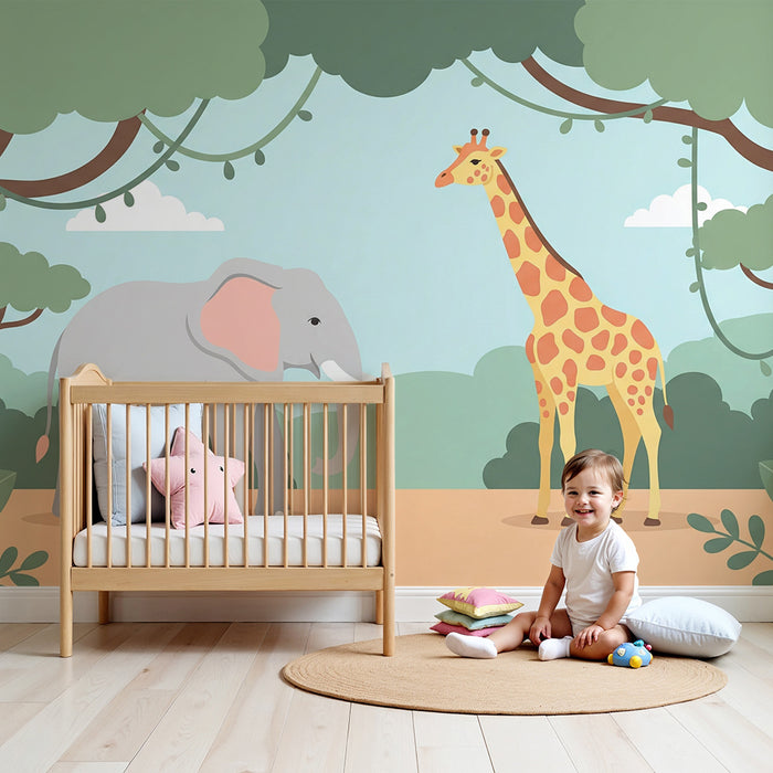 Papier peint chambre enfant | Éléphant et girafe dans une jungle colorée