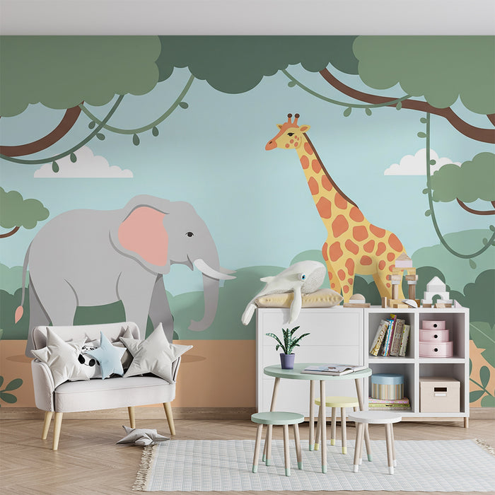 Papier peint chambre enfant | Éléphant et girafe dans une jungle colorée