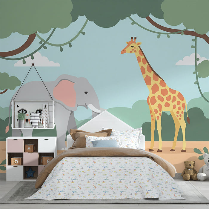 Papier peint chambre enfant | Éléphant et girafe dans une jungle colorée