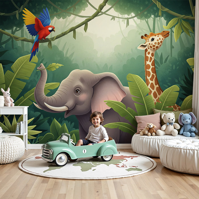 Tapete Kinderzimmer | Elefant und Giraffe im üppigen Dschungel