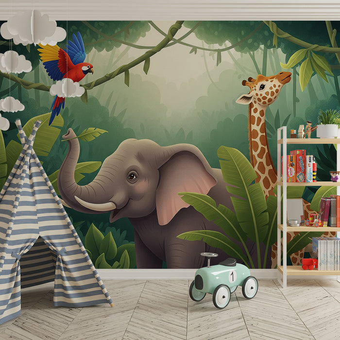 Tapete Kinderzimmer | Elefant und Giraffe im üppigen Dschungel