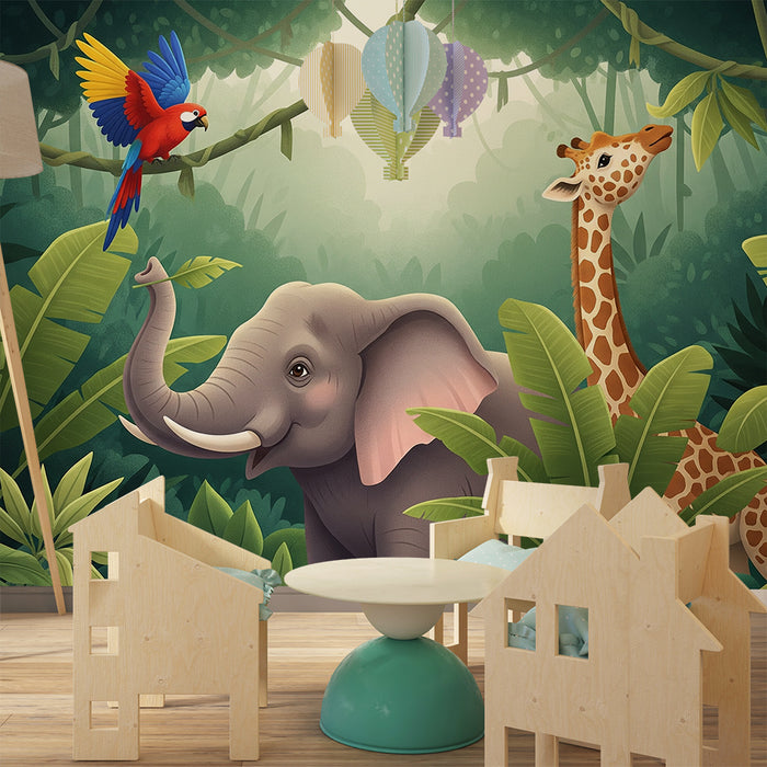 Tapete Kinderzimmer | Elefant und Giraffe im üppigen Dschungel
