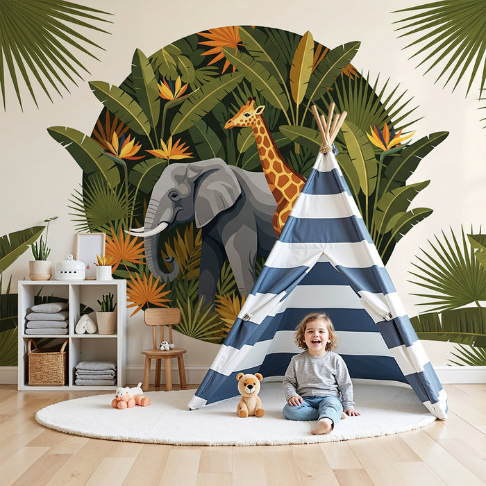 Tapet barnerom | Elefant og giraff i en frodig jungel