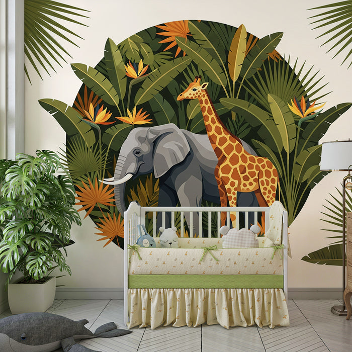 Tapet barnerom | Elefant og giraff i en frodig jungel