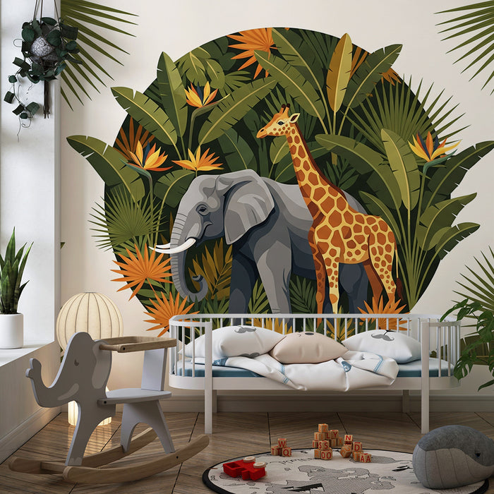 Tapet barnerom | Elefant og giraff i en frodig jungel
