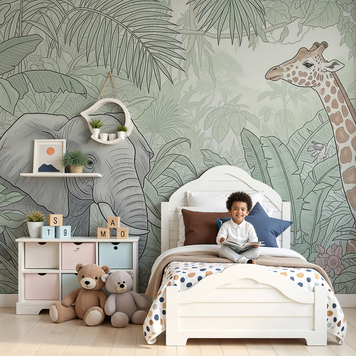 Tapet barnerom | Elefant og giraff i en tropisk jungel