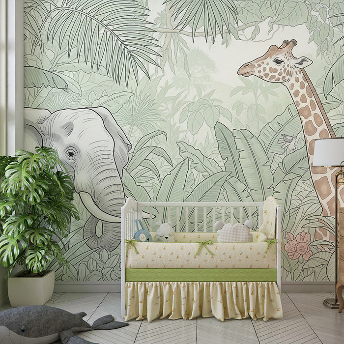 Tapet barnerom | Elefant og giraff i en tropisk jungel