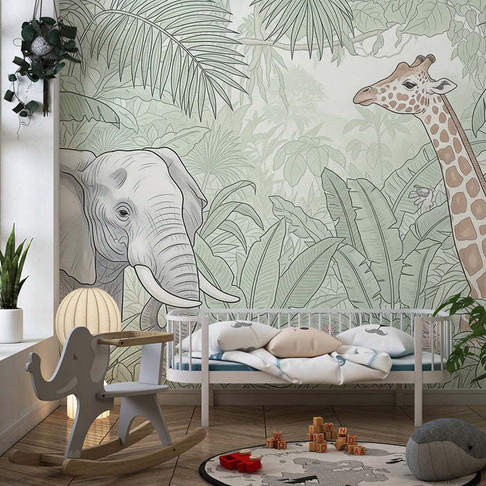 Tapet barnerom | Elefant og giraff i en tropisk jungel