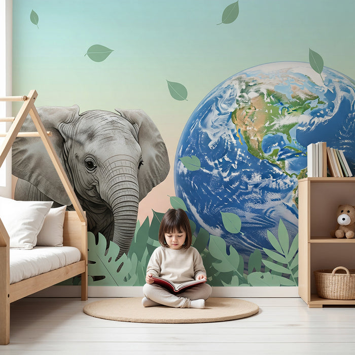 Gyermekszoba tapéta | Elefánt és földgömb a növényzet közepén