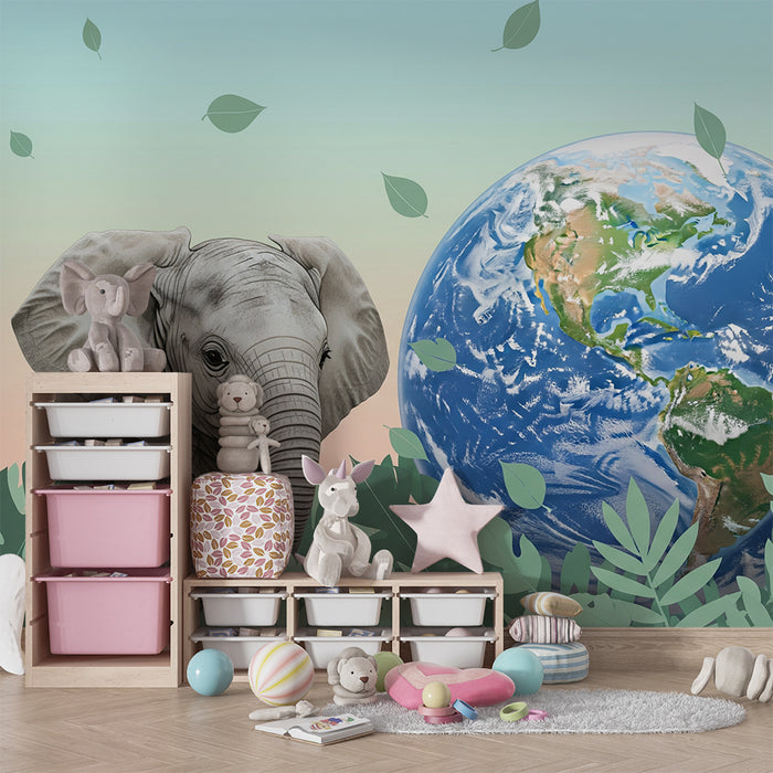 Gyermekszoba tapéta | Elefánt és földgömb a növényzet közepén