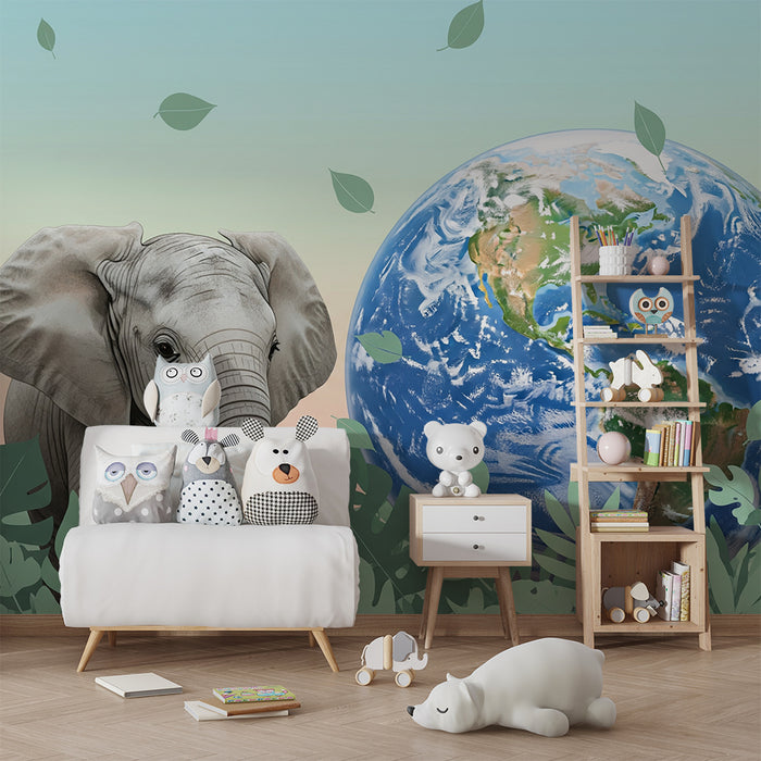 Gyermekszoba tapéta | Elefánt és földgömb a növényzet közepén