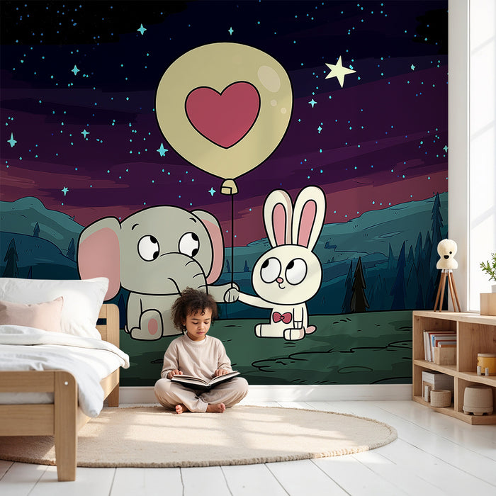 Kids room wallpaper | Elevandi ja jänese all tähistaevas