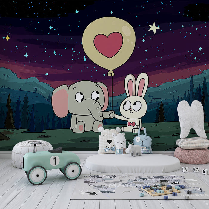 Kids room wallpaper | Elevandi ja jänese all tähistaevas