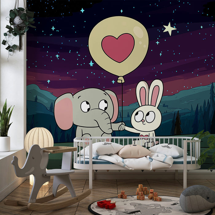 Kids room wallpaper | Elevandi ja jänese all tähistaevas