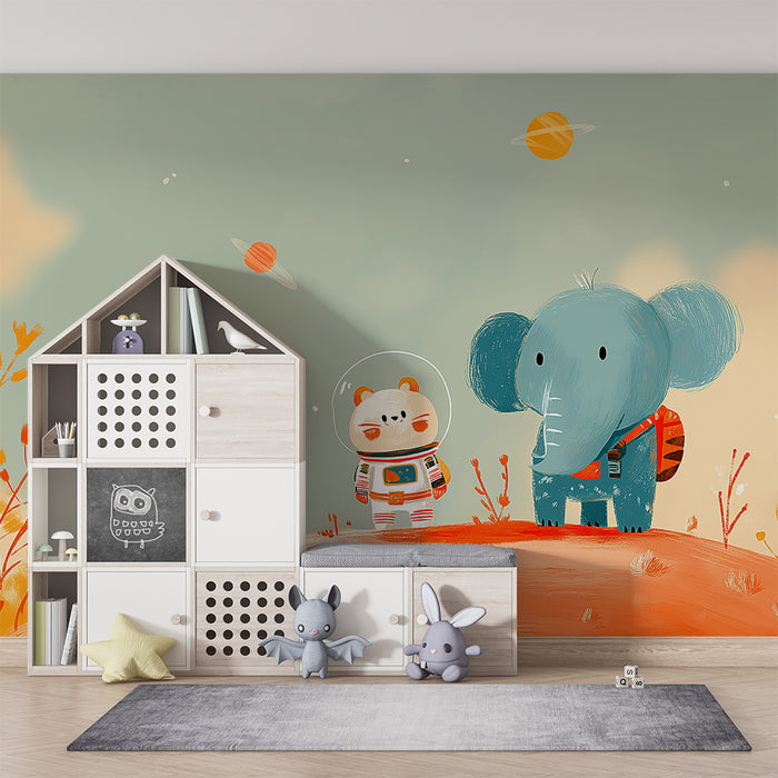 Papel de parede criança | Elefante e ursinho astronauta em uma paisagem intergaláctica