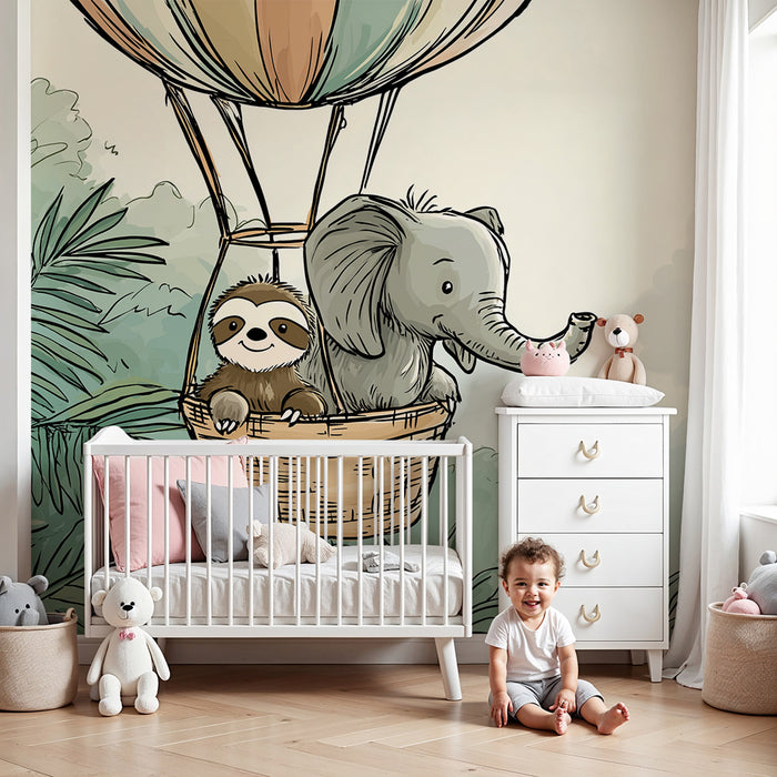 Tapet barnerom | Elefant og dovendyr i luftballong over jungelen