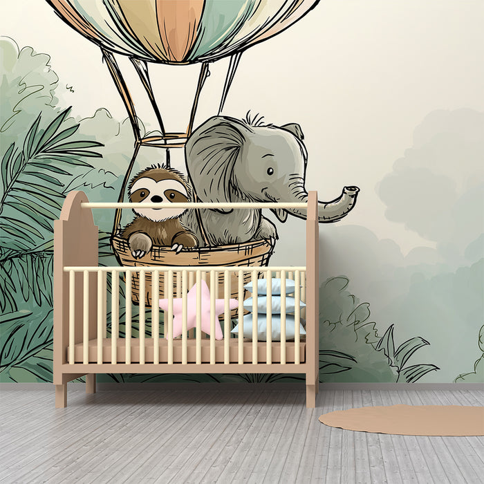 Tapet barnerom | Elefant og dovendyr i luftballong over jungelen