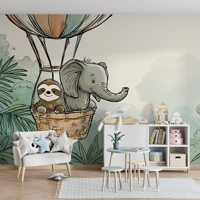 Tapet barnerom | Elefant og dovendyr i luftballong over jungelen