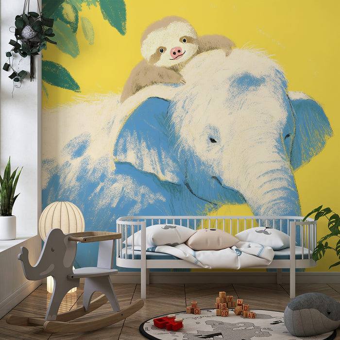 Barnetapet med elefant og dovendyr på lysegul bakgrunn