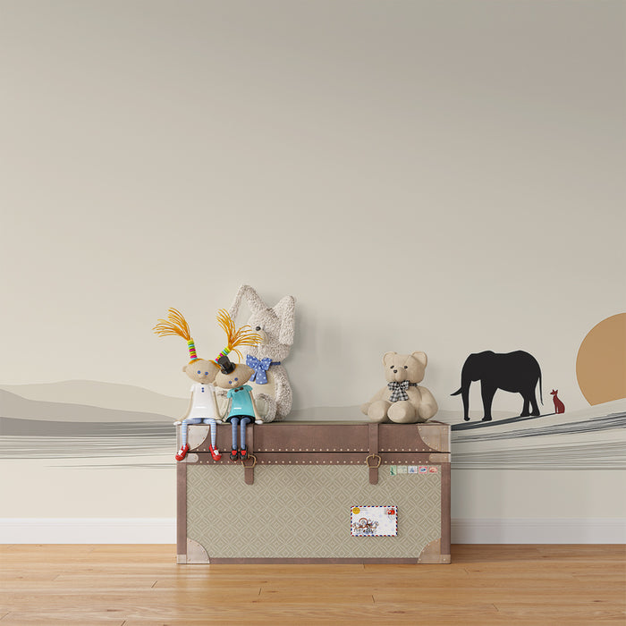 Kids room wallpaper | Elephant and little animal at sunset in a minimalist landscape