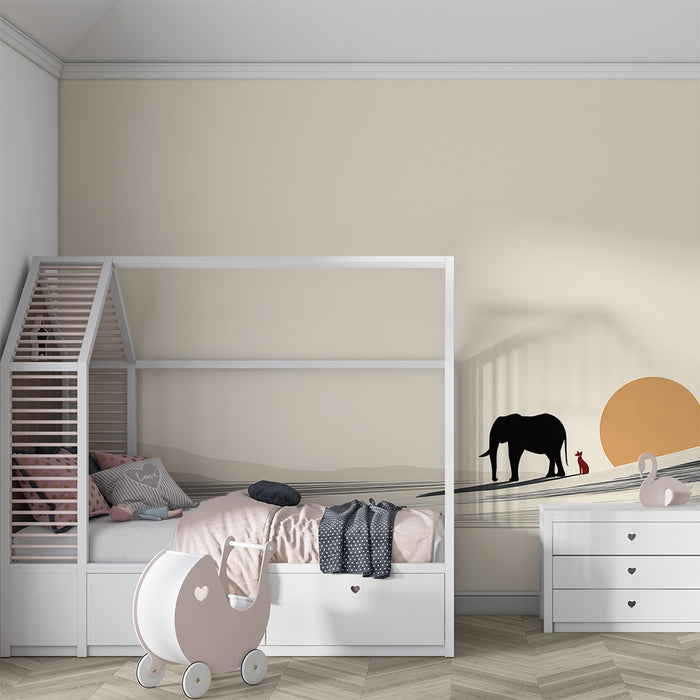 Kids room wallpaper | Elephant and little animal at sunset in a minimalist landscape