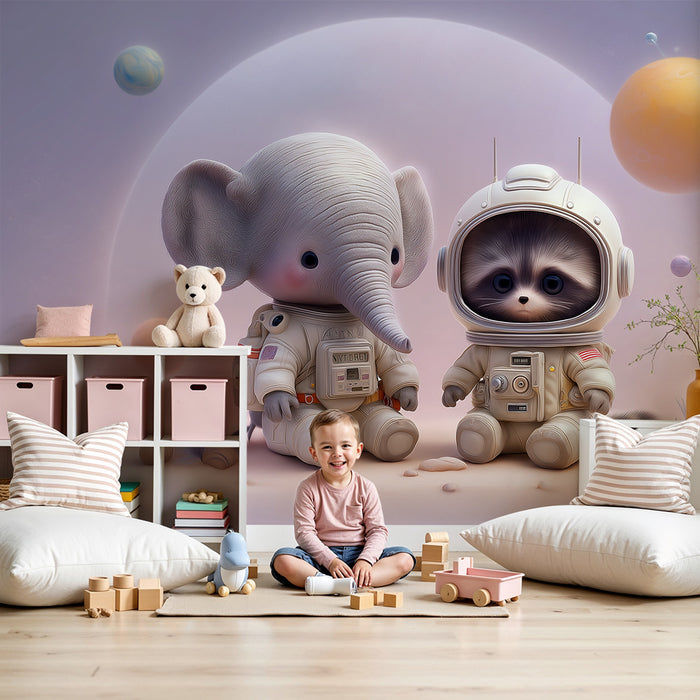 Papier de parede dječje sobe | Slon i rakun astronauti u svemiru