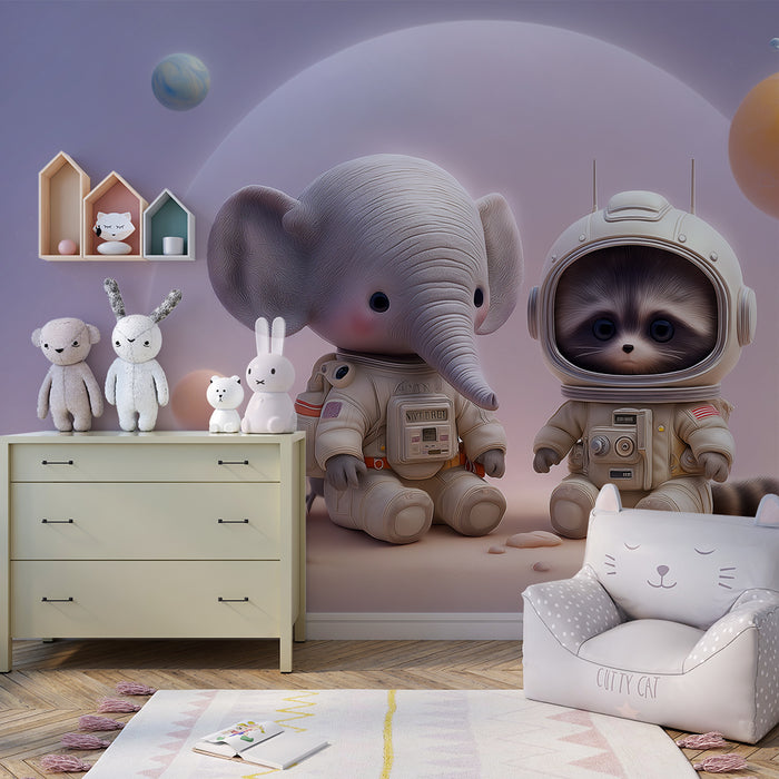 Papier de parede dječje sobe | Slon i rakun astronauti u svemiru