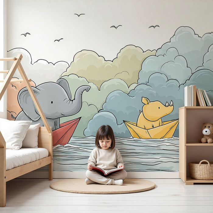 Kinderzimmer Tapete | Elefant und Nashorn auf einem Boot unter einem bewölkten Himmel