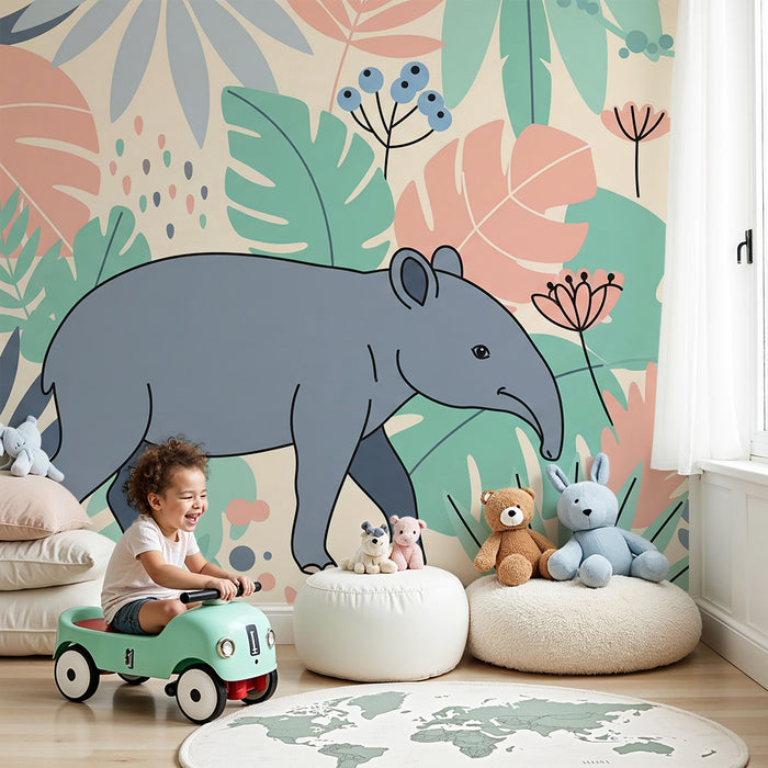 Barnrumspapper | Elefant och apa i en färgglad djungel