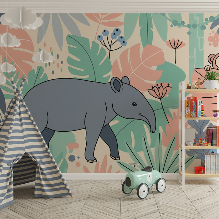 Barnrumspapper | Elefant och apa i en färgglad djungel