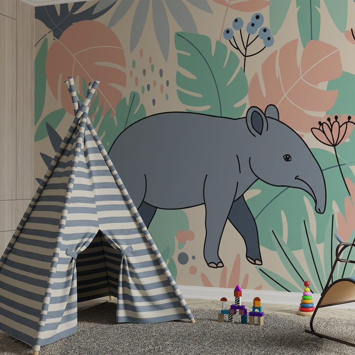 Barnrumspapper | Elefant och apa i en färgglad djungel