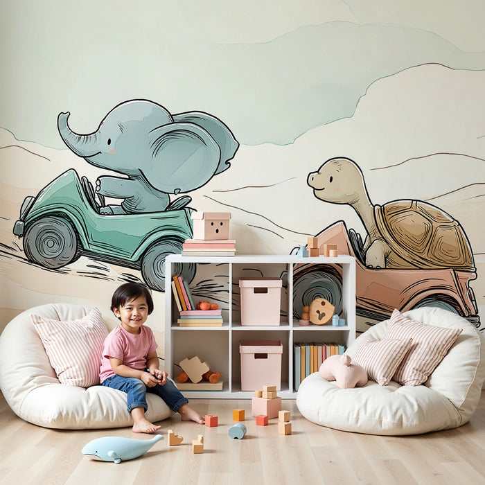 Tapety dla dzieci | Słoń i żółw ścigają się w kolorowych samochodach