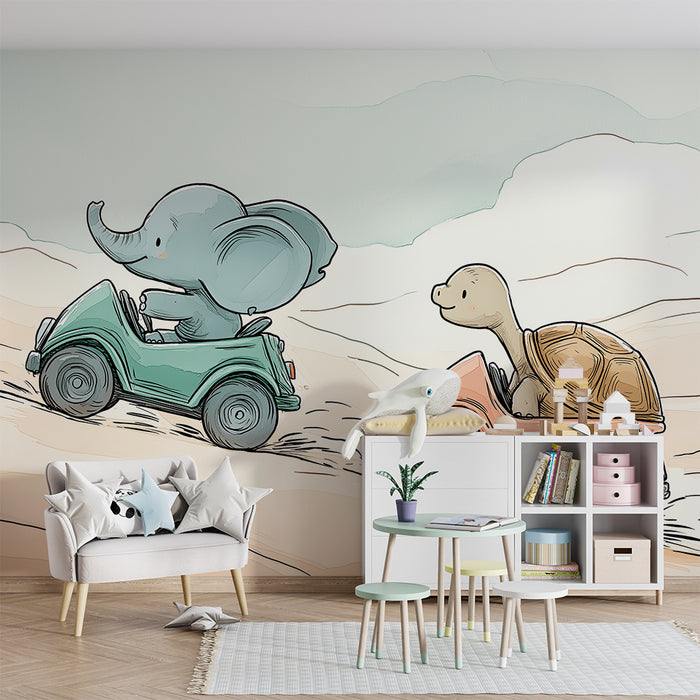 Tapety dla dzieci | Słoń i żółw ścigają się w kolorowych samochodach